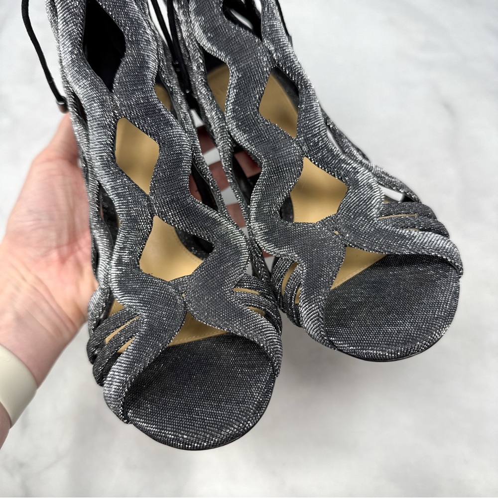 Alexandre Birman Loretta Metallic Caged Block Heel Sandal Booties Silver 38.5 - Picture 7 of 14